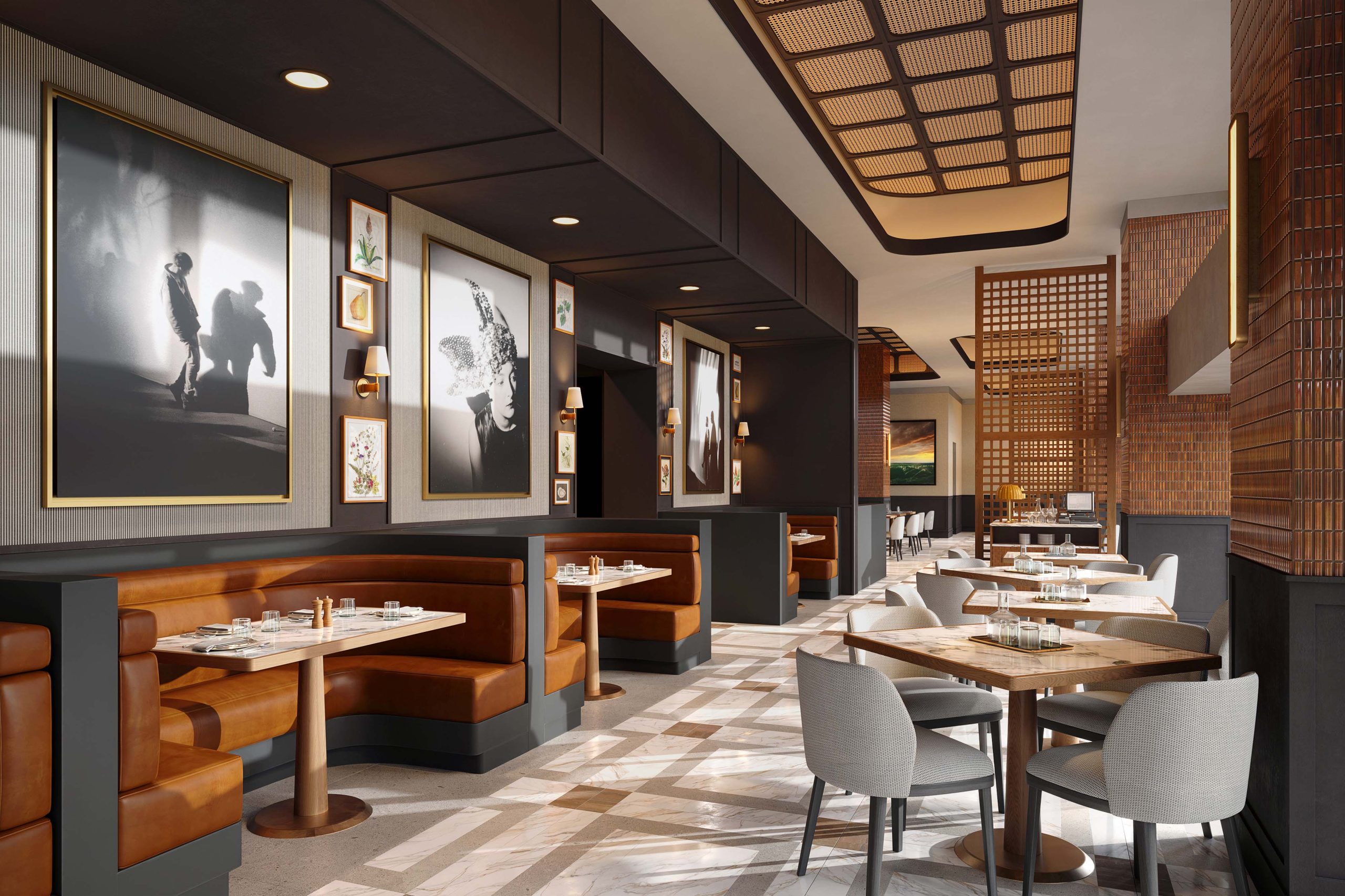 hospitality-architectural-visualization-Restaurant 3D architectural rendering of a modern hotel restaurant interior with booth seating, artistic wall decor, and contemporary lighting.
