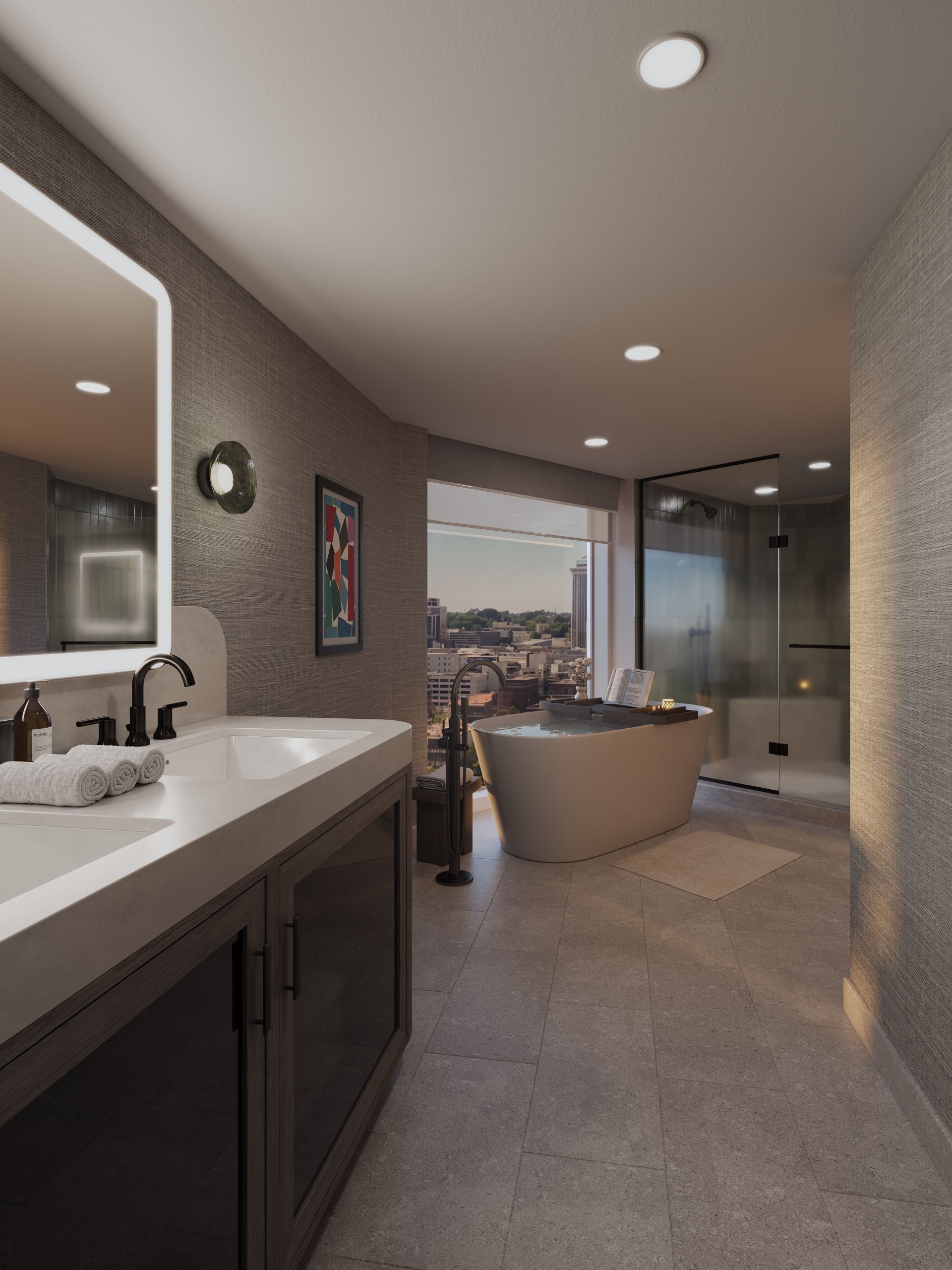 hospitality-architectural-visualization-bathroom 3D architectural rendering of a luxury hotel suite bathroom with freestanding tub, modern vanity, and city views.
