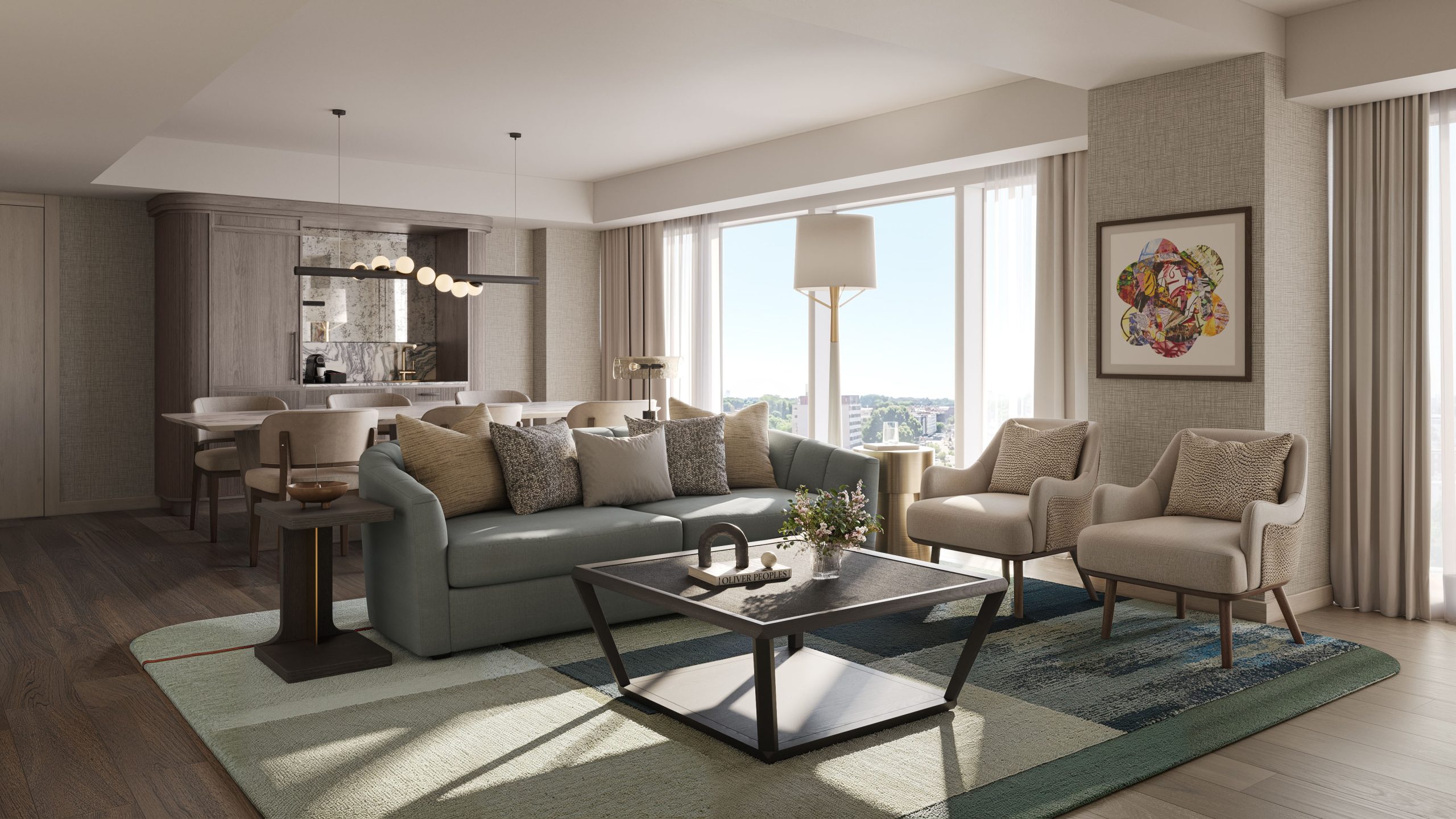 hospitality-architectural-visualization-memorial-suite 3D architectural rendering of a modern hotel suite living room in Alabama with contemporary furniture, large windows, and open-concept design.