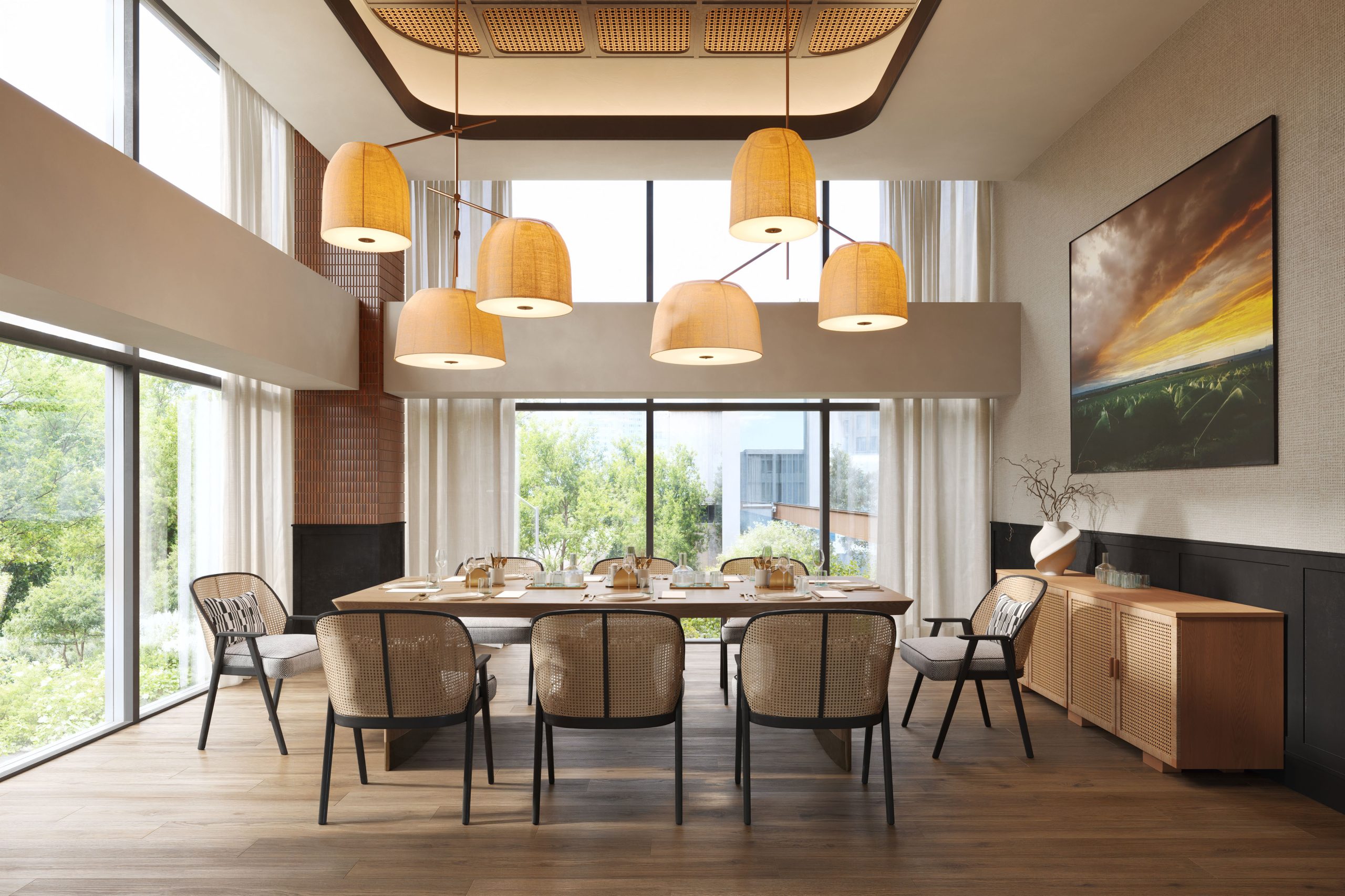 hospitality-architectural-visualization-private-dining "3D architectural rendering of a private dining room with modern pendant lighting, large windows, and elegant seating design.