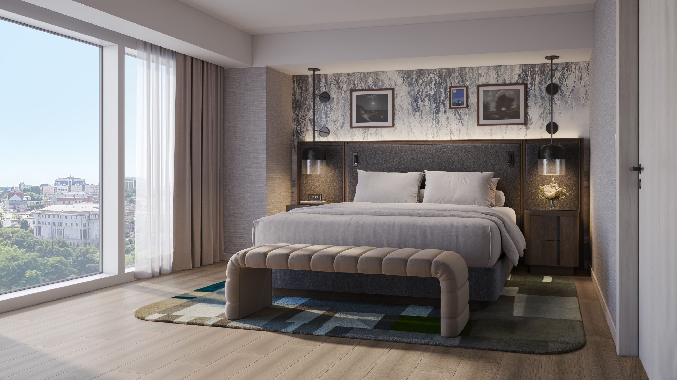hospitality-architectural-visualization-suite 3D architectural visualization of a modern hotel bedroom with large windows, contemporary decor, and natural light.