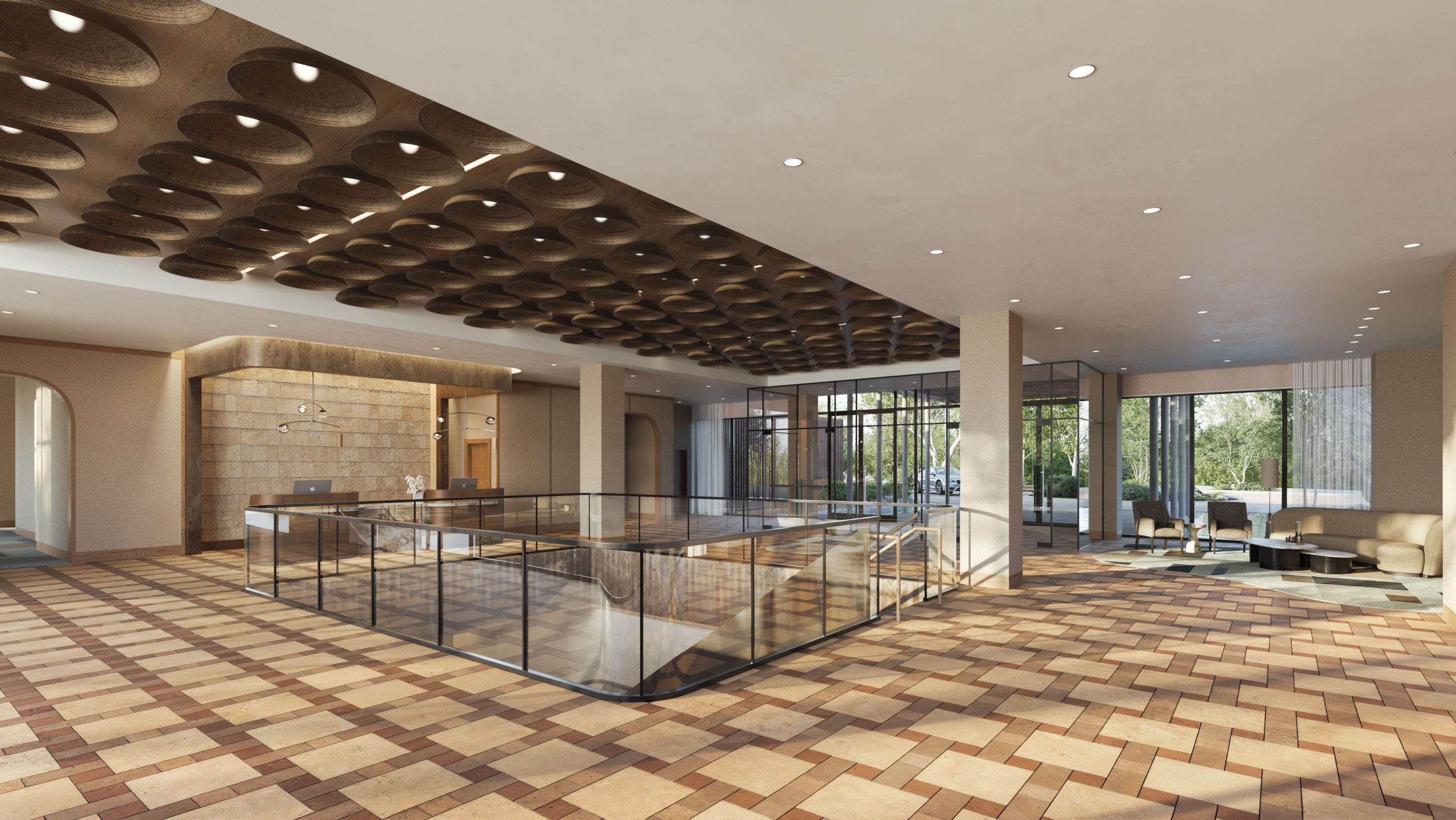 hotel-lobby-rendering-architectural-visualization-studio 3D architectural visualization of a hotel lobby with modern wood ceiling design, open mezzanine, large windows, and contemporary seating areas.