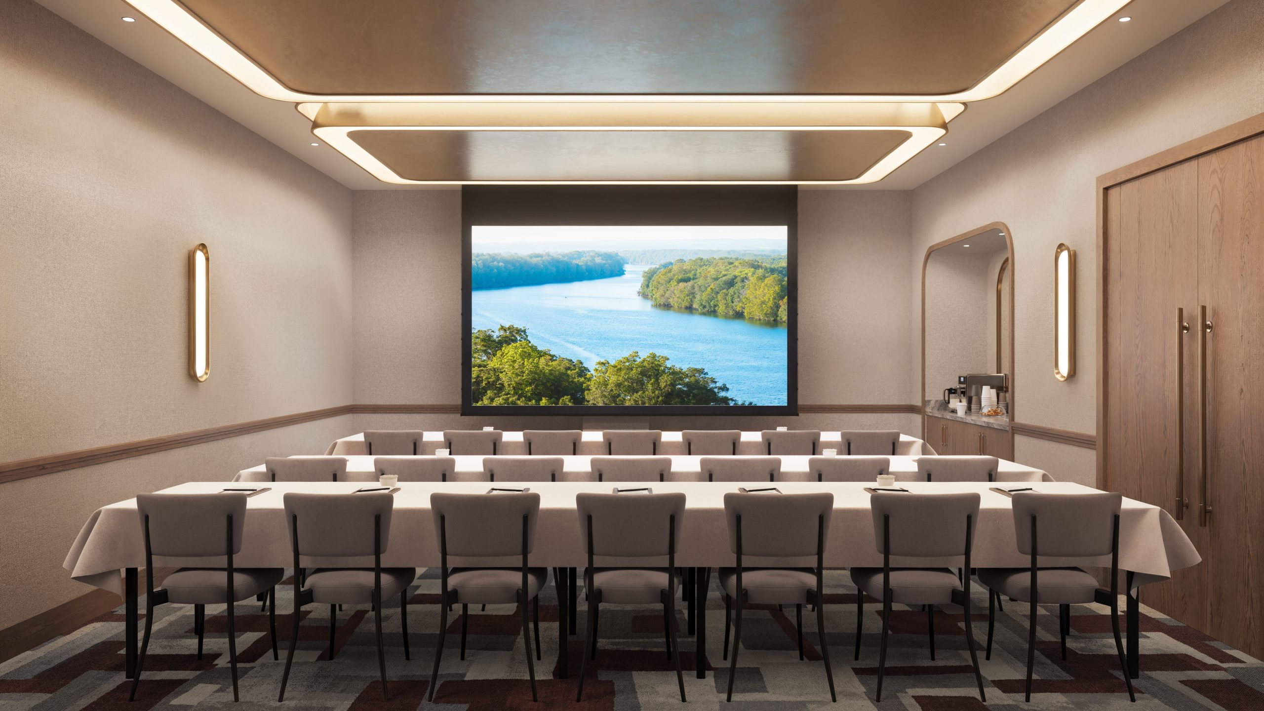 rendering-of-meeting-room-hotel 3D architectural visualization of a modern conference room interior with a long meeting table, contemporary lighting, and a large screen showing a river view.