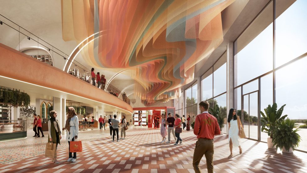 3D architectural visualization of a sports stadium concourse with modern design, colorful ceiling installation, and natural daylighting.