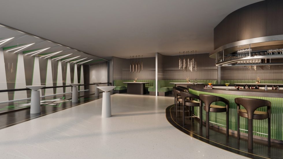 3D architectural rendering of a sports stadium hospitality suite with open bar seating, modern interior design, and field views.