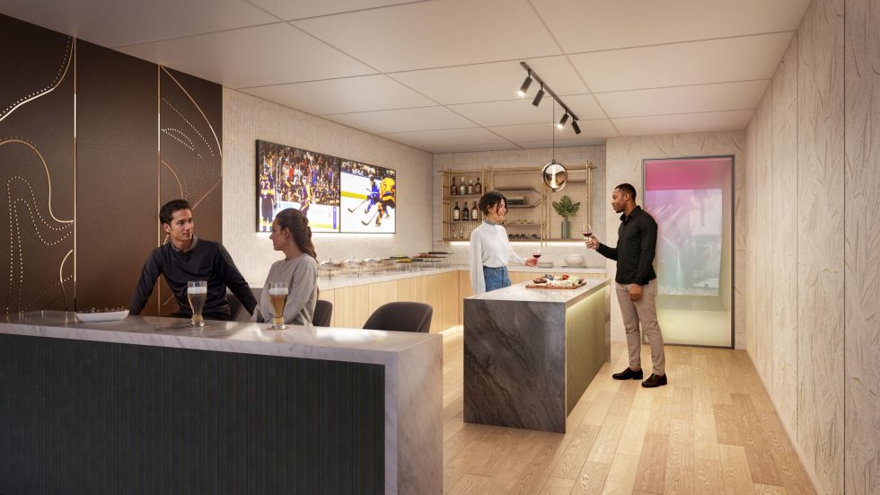 3D rendering of a luxury suite interior in a sports stadium featuring modern seating, open layout, and entertainment spaces created by radical galaxy studio